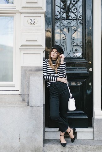 Black and White Horizontal Striped Turtleneck Outfits For Women: 