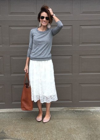 Women's Brown Leather Tote Bag, Pink Leather Ballerina Shoes, White Pleated Lace Midi Skirt, Grey Crew-neck Sweater