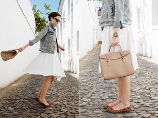 Women's Tan Leather Satchel Bag, Brown Leopard Suede Ballerina Shoes, White Pleated Midi Skirt, Grey Denim Jacket