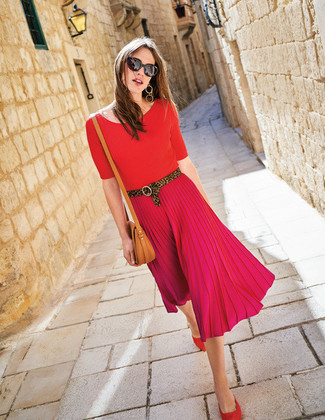 Women's Tan Leather Crossbody Bag, Red Suede Ballerina Shoes, Hot Pink Pleated Midi Skirt, Red Short Sleeve Sweater