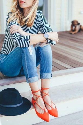 Women's Navy Wool Hat, Orange Leather Ballerina Shoes, Blue Ripped Skinny Jeans, White and Navy Horizontal Striped Long Sleeve T-shirt