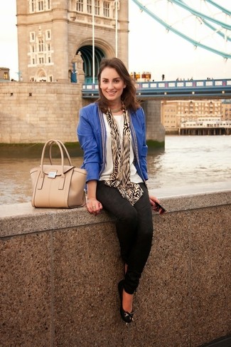 Blue Leather Open Jacket Outfits For Women: 