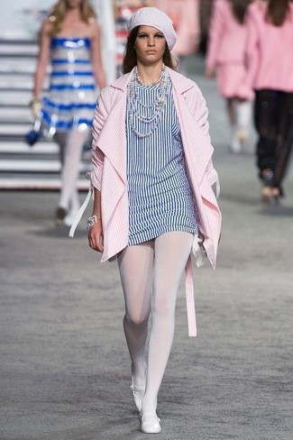 Women's White Beret, White Leather Ballerina Shoes, White and Blue Vertical Striped Tunic, Pink Vertical Striped Coat
