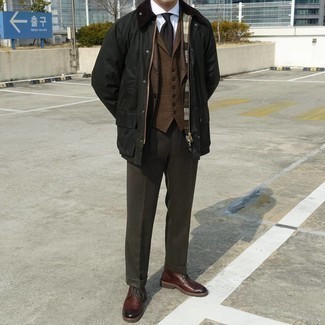 Dark Brown Wool Waistcoat Outfits: This refined combo of a dark brown wool waistcoat and dark brown dress pants will cement your styling prowess. Go ahead and complete your ensemble with dark brown leather desert boots for a more casual finish.