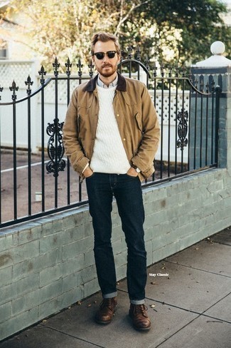 Cable Sweater Outfits For Men: A cable sweater and navy jeans? It's easily a wearable outfit that you could wear a variation of on a daily basis. If you feel like stepping it up a bit, add a pair of brown leather casual boots to the mix.