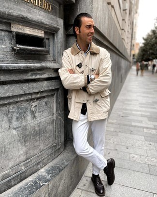 Tan Barn Jacket Outfits: A tan barn jacket and white jeans are a nice combination worth incorporating into your casual arsenal. Finishing off with dark brown leather brogues is the most effective way to bring an extra dimension to this look.