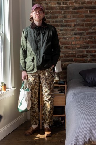 Men's Dark Green Barn Jacket, Khaki Camouflage Chinos, Brown Leather Loafers, White Canvas Tote Bag