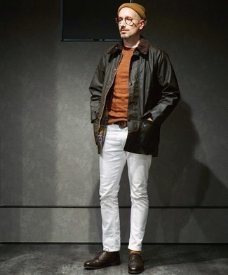 Tobacco Crew-neck Sweater Outfits For Men: Want to infuse your menswear arsenal with some elegant cool? Pair a tobacco crew-neck sweater with white jeans. If you want to break out of the mold a little, introduce a pair of dark brown leather brogues to your outfit.