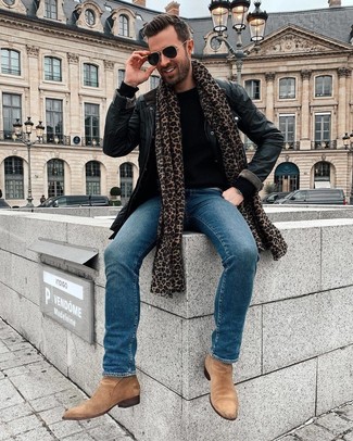 Tan Leopard Scarf Outfits For Men: This combination of a black leather barn jacket and a tan leopard scarf is very easy to put together and so comfortable to wear as well! Parade your polished side by finishing with a pair of tan suede chelsea boots.