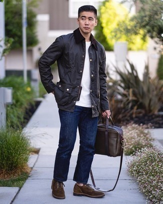 Dark Brown Suede Derby Shoes Outfits: This combo of a charcoal barn jacket and navy jeans is on the casual side but will guarantee that you look on-trend and really sharp. Our favorite of an endless number of ways to complete this getup is a pair of dark brown suede derby shoes.