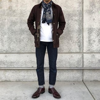 Navy Jeans Outfits For Men: Marry a dark brown barn jacket with navy jeans to show you've got expert styling prowess. For a fashionable hi-low mix, complete your outfit with a pair of burgundy leather derby shoes.