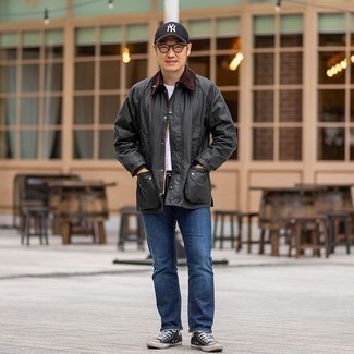 Men's Charcoal Barn Jacket, White Crew-neck T-shirt, Blue Jeans, Black and White Canvas High Top Sneakers