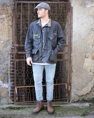 Men's Navy Barn Jacket, White Crew-neck T-shirt, Light Blue Ripped Jeans, Brown Suede Casual Boots