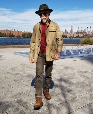Dark Brown Jeans Outfits For Men: Super dapper and practical, this casual combination of a tan barn jacket and dark brown jeans provides with variety. Want to go all out when it comes to shoes? Introduce brown leather casual boots to your outfit.