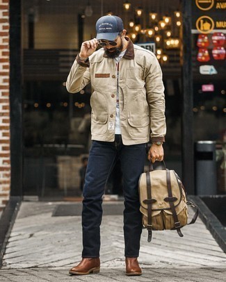 Grey Leather Watch Outfits For Men: For a look that delivers function and dapperness, choose a beige barn jacket and a grey leather watch. Feeling brave today? Polish off this ensemble by finishing with brown leather chelsea boots.
