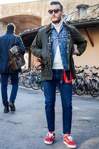 Red Bandana Outfits For Men: If you like relaxed dressing, why not consider this combination of a dark green barn jacket and a red bandana? For something more on the smart end to complete your outfit, complete your getup with a pair of red canvas low top sneakers.