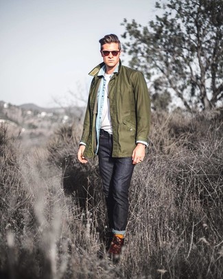 Mustard Socks Outfits For Men: Opt for an olive barn jacket and mustard socks for a laid-back ensemble with a modern take. For an on-trend hi-low mix, complement your look with a pair of dark brown leather casual boots.