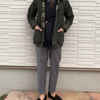 Olive Barn Jacket Outfits: For a look that's nothing less than GQ-worthy, go for an olive barn jacket and grey dress pants. Black suede tassel loafers look perfect rounding off this ensemble.