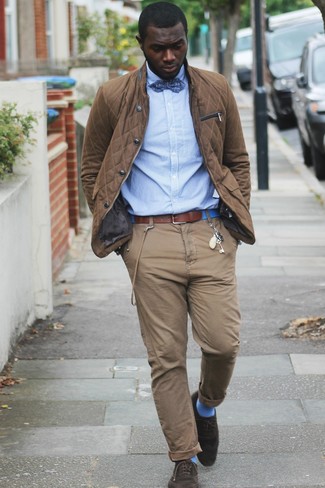 Light Blue Vertical Striped Dress Shirt with Brown Chinos Outfits: A light blue vertical striped dress shirt and brown chinos are an easy way to inject extra elegance into your daily off-duty fashion mix. Introduce a pair of dark brown suede brogues to the mix for an extra dose of refinement.