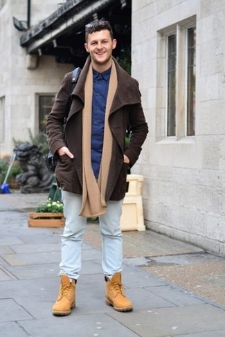 Brown Suede Barn Jacket Outfits: Such essentials as a brown suede barn jacket and light blue jeans are an easy way to introduce some cool into your daily casual rotation. Our favorite of a variety of ways to round off this look is with tan suede work boots.
