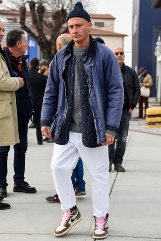 Brown High Top Sneakers Outfits For Men: This pairing of a blue barn jacket and white chinos combines comfort and utility and helps keep it simple yet current. When this ensemble appears all-too-fancy, tone it down with a pair of brown high top sneakers.