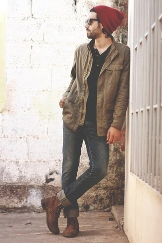 Men's Tan Barn Jacket, Black Henley Shirt, Black Jeans, Brown Leather Casual Boots