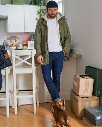 Beige Athletic Shoes Outfits For Men: An olive barn jacket and navy jeans are a great pairing worth having in your off-duty lineup. Let your sartorial skills really shine by complementing this ensemble with beige athletic shoes.