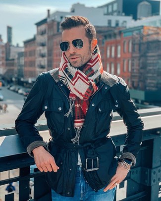 Multi colored Print Scarf Outfits For Men: A navy barn jacket and a multi colored print scarf will add extra cool to your casual repertoire.