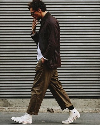 Dark Brown Barn Jacket Outfits: This casual pairing of a dark brown barn jacket and brown chinos is very easy to pull together in no time, helping you look dapper and prepared for anything without spending a ton of time digging through your wardrobe. Why not introduce white canvas high top sneakers to the equation for a fun feel?