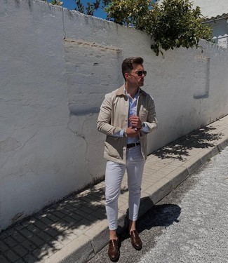 Tan Barn Jacket Outfits: A tan barn jacket looks especially cool when matched with white chinos in a laid-back outfit. Dark brown leather monks are an effortless way to add a confident kick to the outfit.