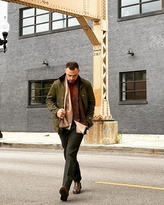 Men's Olive Barn Jacket, Burgundy Long Sleeve Shirt, Charcoal Chinos, Dark Brown Leather Chelsea Boots