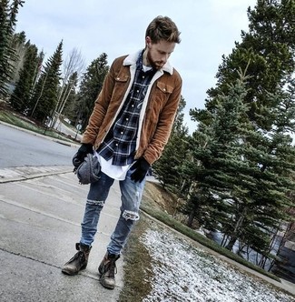 Men's Brown Suede Barn Jacket, Navy Plaid Long Sleeve Shirt, White Crew-neck T-shirt, Blue Ripped Skinny Jeans