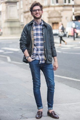 White Plaid Long Sleeve Shirt Outfits For Men: Marry a white plaid long sleeve shirt with blue jeans for a sharp, off-duty outfit. Rounding off with a pair of dark brown leather tassel loafers is a guaranteed way to give an extra touch of polish to this ensemble.