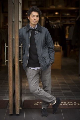 Charcoal Barn Jacket Outfits: Consider pairing a charcoal barn jacket with grey wool chinos to feel invincible and look stylish. A trendy pair of black suede tassel loafers is a simple way to breathe a bit of polish into your look.