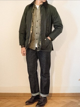 Olive Barn Jacket Outfits: An olive barn jacket and charcoal jeans are a savvy pairing to have in your casual wardrobe. For an on-trend mix, introduce a pair of dark brown leather brogues to the mix.
