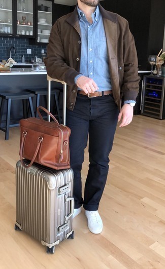 Tan Leather Belt Outfits For Men: This pairing of a brown barn jacket and a tan leather belt is well-executed and yet it's relaxed and apt for anything. A pair of white canvas low top sneakers will put a smarter spin on an otherwise mostly casual look.