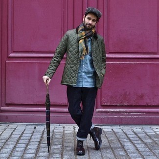 Multi colored Plaid Scarf Outfits For Men: This casual combo of an olive quilted barn jacket and a multi colored plaid scarf is a foolproof option when you need to look stylish in a flash. To give your outfit a dressier finish, throw in burgundy leather casual boots.