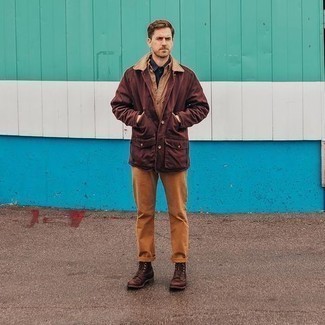 Brown Barn Jacket Outfits: Breathe variation into your current off-duty routine with a brown barn jacket and tobacco chinos. Puzzled as to how to finish this look? Rock a pair of dark brown leather casual boots to lift it up.