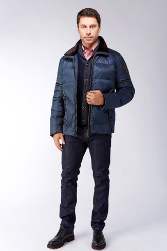 Navy and Green Barn Jacket Outfits: Wear a navy and green barn jacket with navy jeans for a cool and relaxed and fashionable ensemble. Rounding off with a pair of black leather casual boots is an effective way to bring some extra depth to your outfit.
