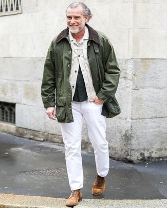 White Shirt Jacket Outfits For Men: Effortlessly blurring the line between dapper and casual, this combo of a white shirt jacket and white jeans will likely become your favorite. A pair of brown suede casual boots will tie the whole thing together.