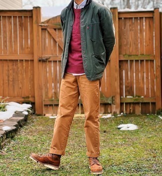 Tobacco Leather Casual Boots Outfits For Men: This combo of an olive barn jacket and tobacco chinos makes for the ultimate laid-back style for any modern gent. Ramp up this whole ensemble with tobacco leather casual boots.