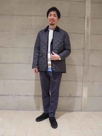 Charcoal Barn Jacket Outfits: If you're in search of a relaxed yet dapper look, team a charcoal barn jacket with navy chinos. Complete this outfit with a pair of black suede desert boots to tie the whole outfit together.