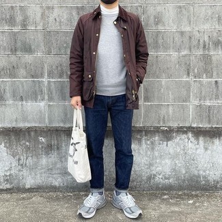 Brown Barn Jacket Outfits: To don an off-duty ensemble with a modern spin, try teaming a brown barn jacket with navy jeans. Finishing with a pair of grey athletic shoes is a simple way to inject an easy-going feel into this ensemble.