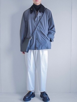 Monks Outfits In Their 20s: Consider wearing a light blue barn jacket and white chinos for a casual kind of polish. For maximum fashion effect, complement this ensemble with a pair of monks. Combos like this are what eventually will earn you respect from your peers and everyone else.