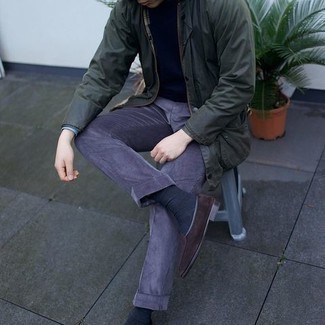 Brown Suede Low Top Sneakers Outfits For Men: Reach for a dark green barn jacket and violet corduroy dress pants if you're going for a proper, stylish getup. Go ahead and grab a pair of brown suede low top sneakers for a fun touch.