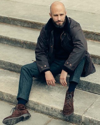 Charcoal Wool Dress Pants Outfits For Men: This polished combination of a dark brown barn jacket and charcoal wool dress pants is a must-try getup for any gent. If you wish to effortlessly dial down this look with one piece, why not complement this outfit with dark brown suede casual boots?