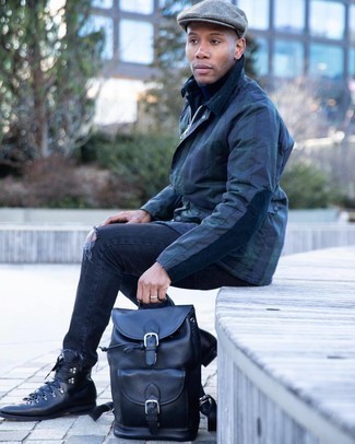 Black Leather Backpack Outfits For Men: For a casual menswear style with an edgy spin, dress in a navy barn jacket and a black leather backpack. If you wish to easily lift up your look with one single item, introduce black leather casual boots to the equation.