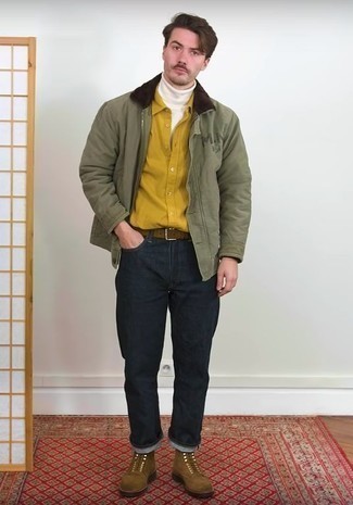 Dark Green Barn Jacket Outfits: This casual combination of a dark green barn jacket and navy jeans is perfect if you want to feel confident in your getup. Let your styling skills really shine by rounding off your outfit with a pair of brown suede casual boots.