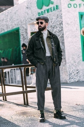Black Leather Derby Shoes Outfits: A dark green barn jacket and charcoal wool chinos are stylish menswear pieces, without which no wardrobe would be complete. On the fence about how to round off your outfit? Round off with a pair of black leather derby shoes to dress it up.