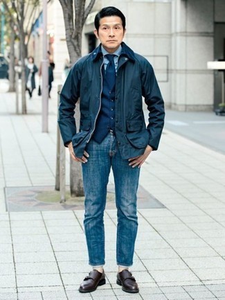 Dark Brown Leather Double Monks Fall Outfits: A navy barn jacket and blue jeans are absolute menswear staples if you're crafting an off-duty wardrobe that holds to the highest sartorial standards. For a classier finish, complete your ensemble with dark brown leather double monks. This one is a viable idea if you're figuring out a well-coordinated outfit for weird fall weather.